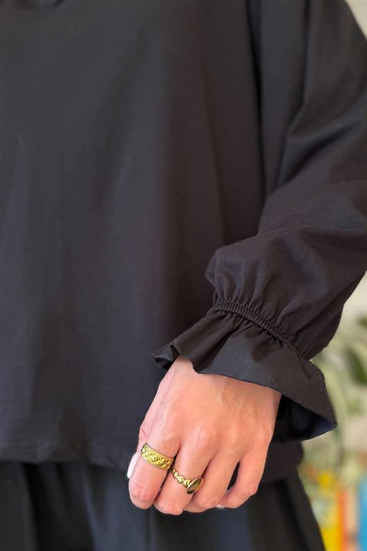 Body Stretch Cotton Ruffle Layer Shirt Black